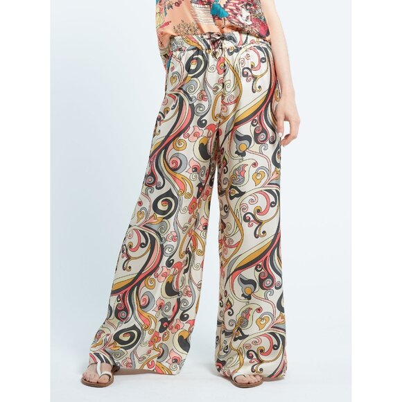 NWOT La Prestic Ouiston 100% Silk Paisely Print Pants Sz 0/S Beige/Pink Boho - Picture 9 of 9